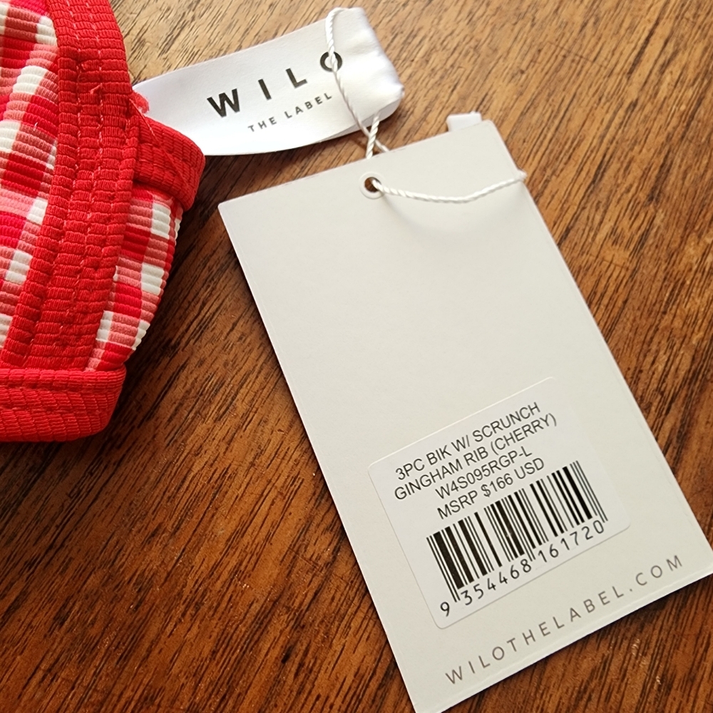 NWT WILO THE LABEL Red Gingham Cherry Bikini Swimsuit Top Bottom and Scrunchie - Picture 4 of 14